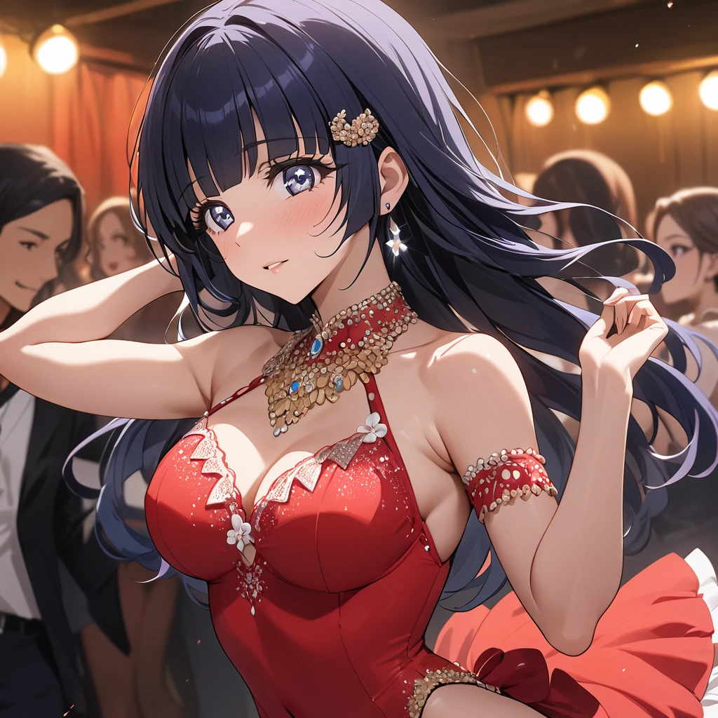 ((Highest quality)), ((masterpiece)), (detailed), (Perfect Face)、The woman is Reika Aoki with semi-long hair、A woman is dancing salsa in a salsa costume in South America