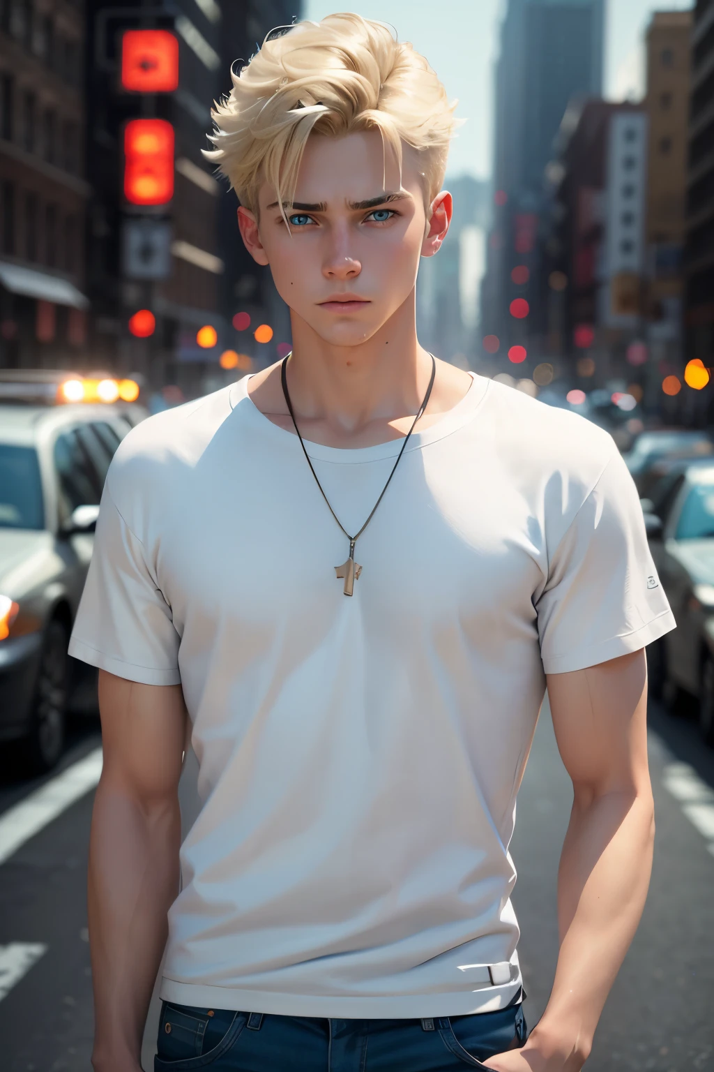 a 1 blonde American boy, young boy, detailed portrait, beautiful face, turquoise eyes, not smiling, full white t-shirt and blue jeans outfit, stylish outfit, realistic, photorealistic, 8k, masterpiece, cinematic lighting, new york streets, doesn't look friendly, high quality
