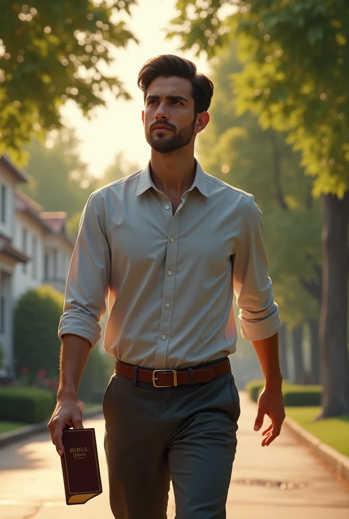 (photorealism:1.2), A young man walking with a bible in his hand.