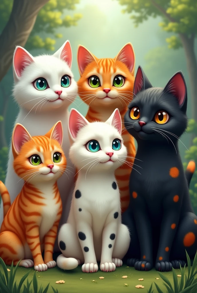 I would like a picture of 5 cats The first white cat with one green eye and the other blue The second orange cat The third white cat with black The fourth cream-colored cat with white And the last one should be black with orange and white spots