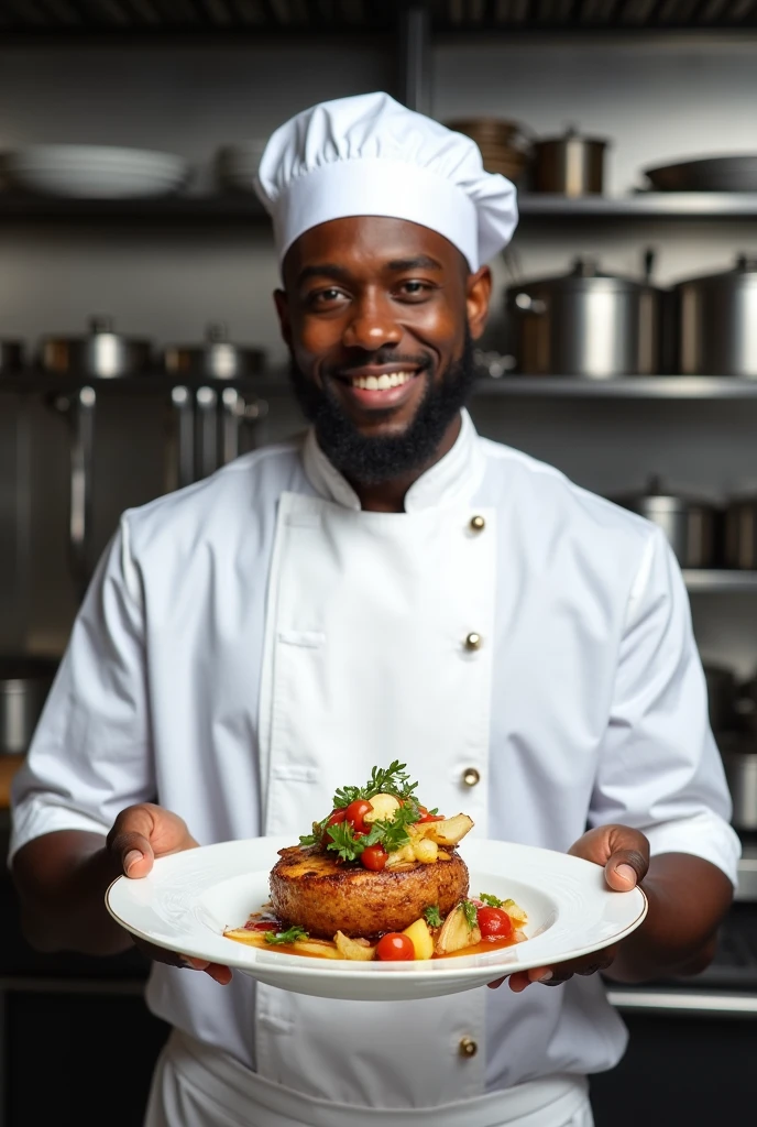 Black chef holding a plate