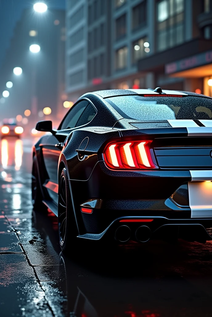 As a black for mustang gt with white stripes with a rear perspective, with elegance Let the atmosphere be a rainy night