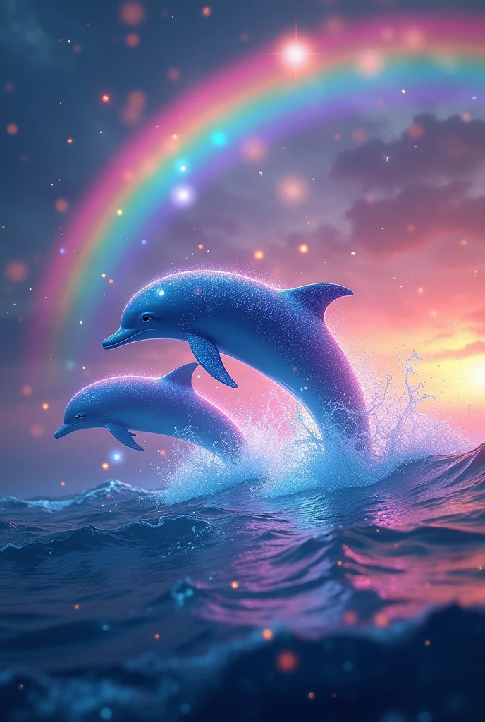 Glowing dolphins jumping over the ocean, with a rainbow behind and raining glitter