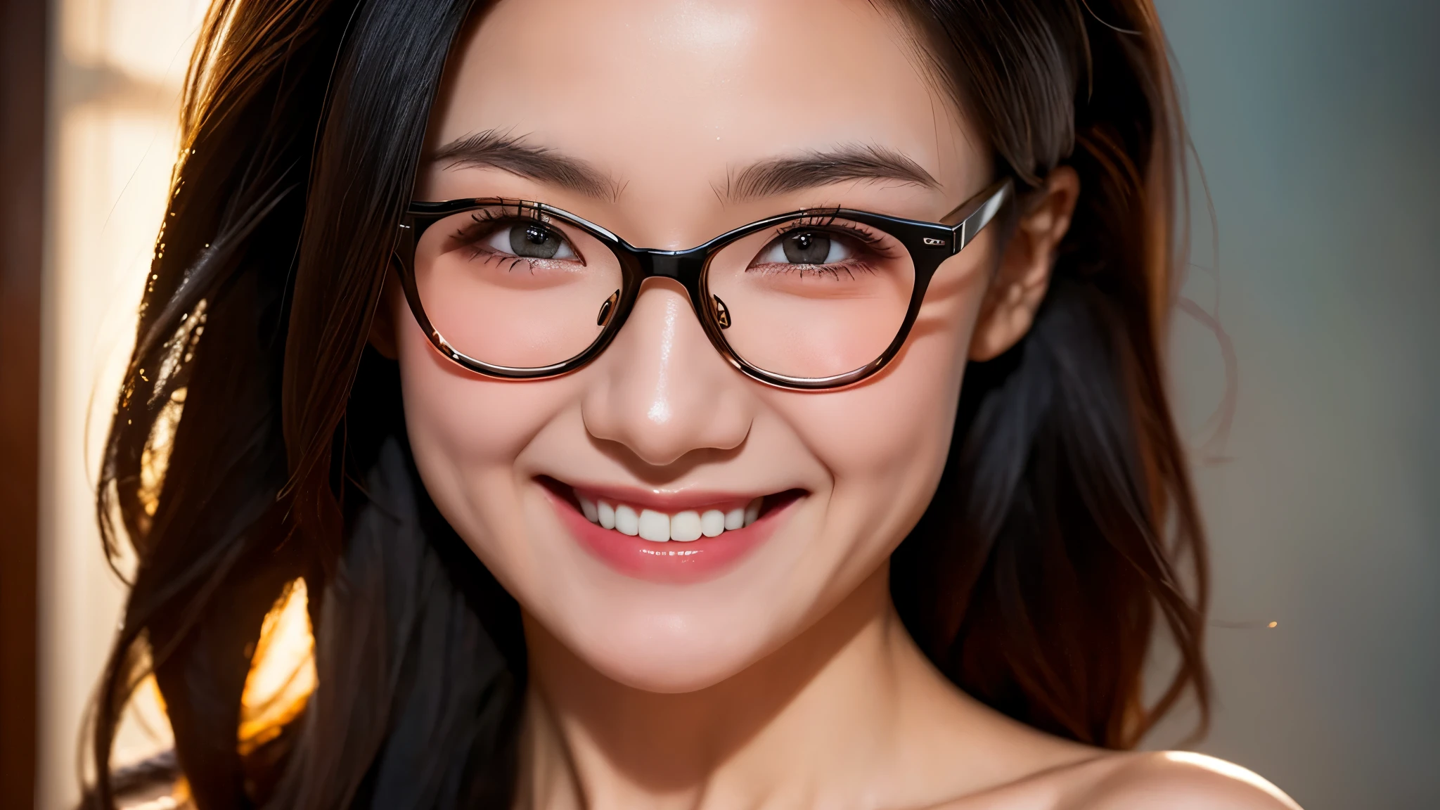 A 16k realistic portrait masterpiece, realistic soft detailed lines, highest resolution, every detail, meticulousness, depth of field, bright colors, beautiful composition: a girl Teenage girl wearing glasses smiling happily, light makeup with black hair and beautiful innocent detailed eyes, standing on a dark and ominous scene. sexy silk dress.
