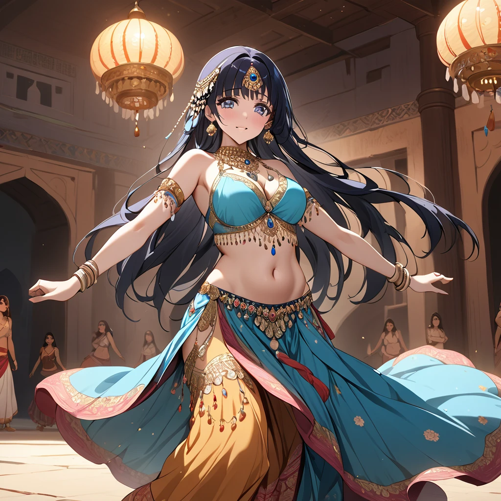 ((Highest quality)), ((masterpiece)), (detailed), (Perfect Face)、The woman is Reika Aoki with semi-long hair、A woman is dancing Indian belly dance in an Indian belly dance costume in India