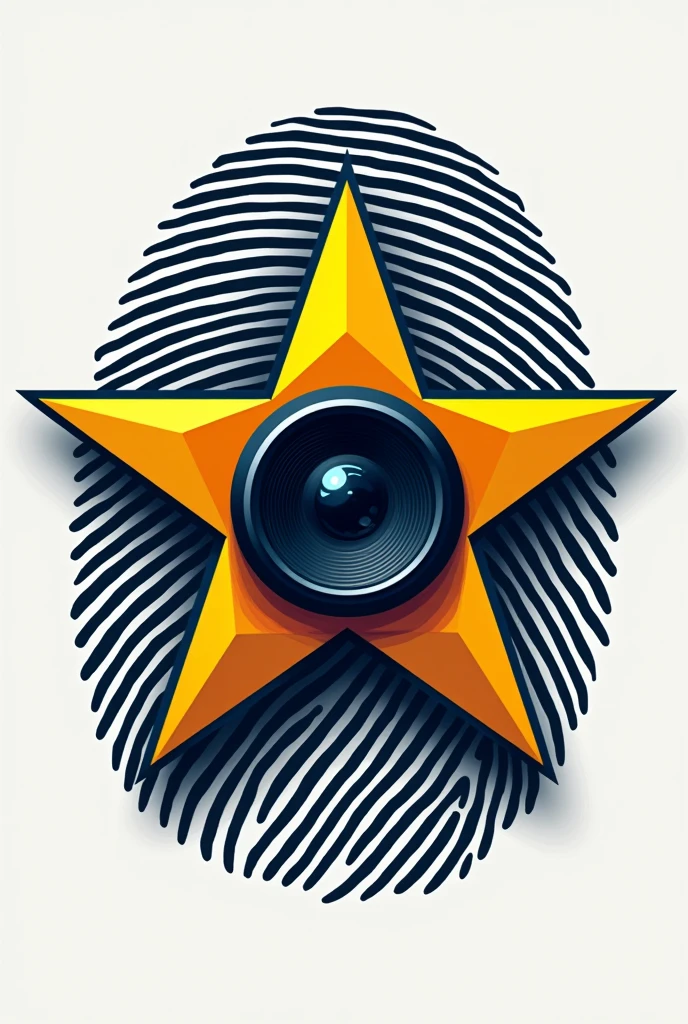 logo of a 5-pointed star with a camera lens in the middle, the background of the star is the lines of a fingerprint. Mix a dark yellow with navy blue 
