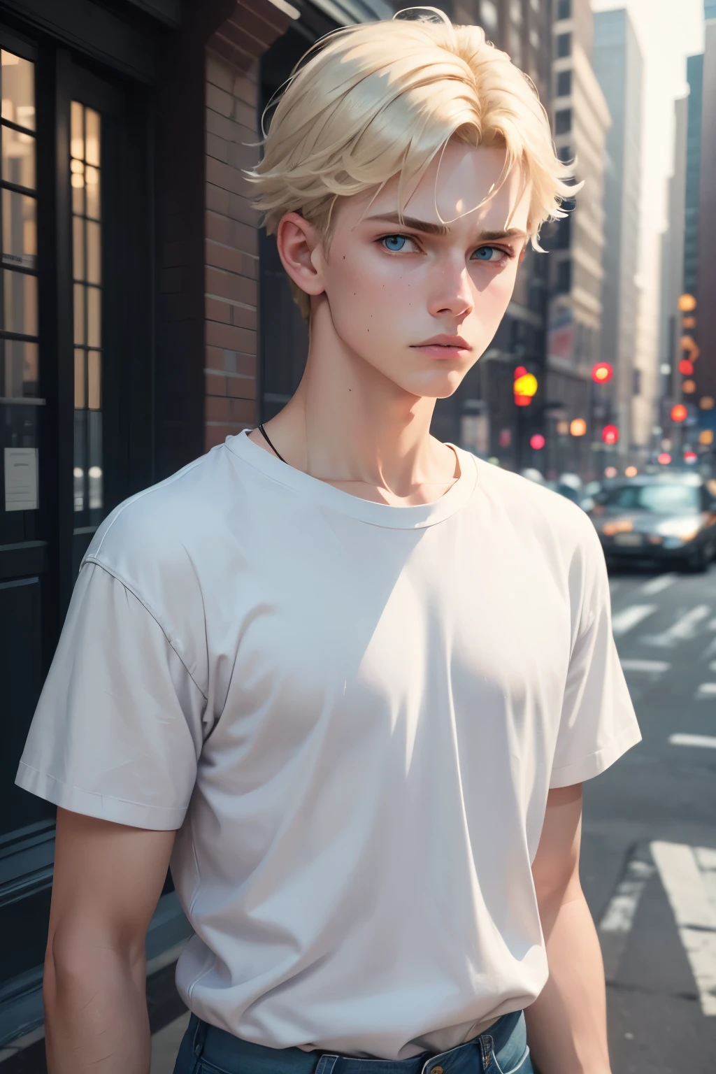 a 1 blonde American boy, young boy, detailed portrait, beautiful androgyne face, turquoise eyes, not smiling, full white t-shirt and blue jeans outfit, stylish outfit, realistic, photorealistic, 8k, masterpiece, cinematic lighting, new york streets, doesn't look friendly, high quality