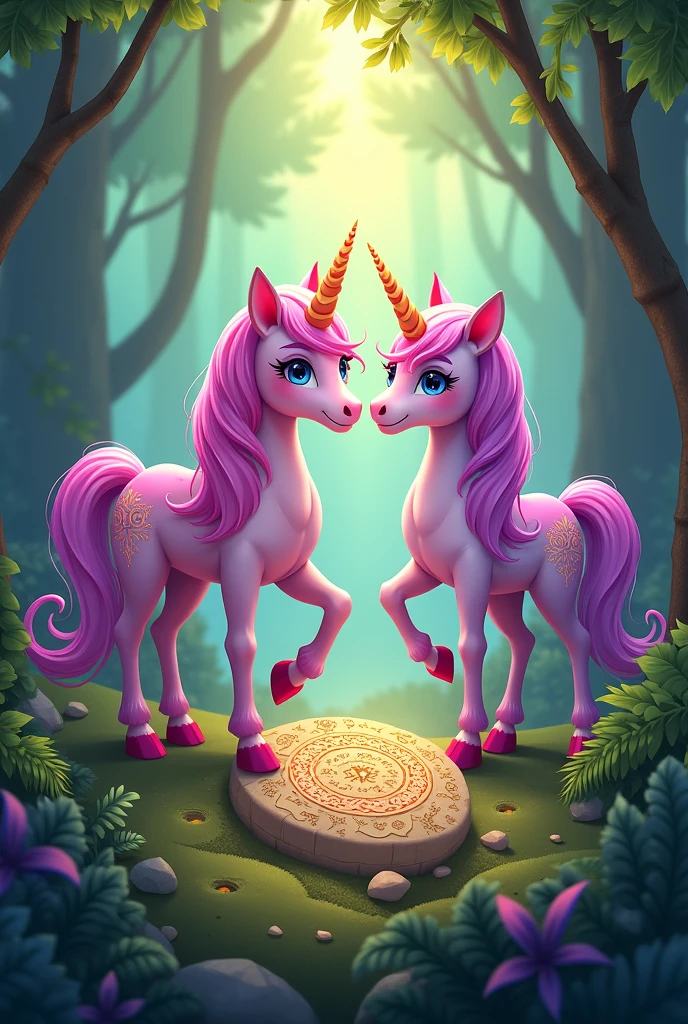 Create an image for story book title is The Adventure of Sparkle the Unicorn
Chapter 3: The Enchanted Forest
As they ventured deeper into the forest, they came across a riddle carved into a stone:
"To find the treasure, you must be wise,
Answer this riddle and claim your prize.
What has keys but can't open doors,
And plays sweet music to fill your ears?"
Make two unicorn and both are female friends with same colour