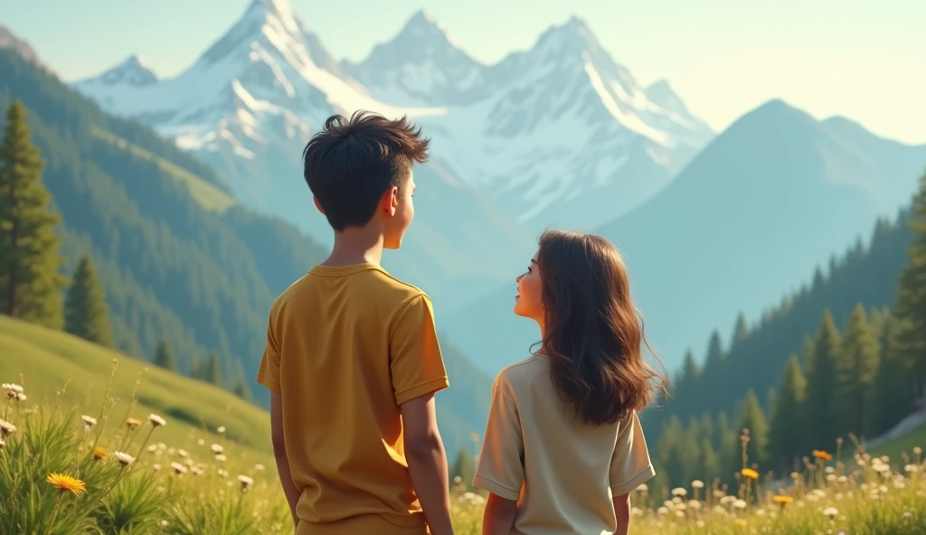 Make a young handsome boy and a young beautiful girl, both are happily looking at the mountain in front at a natural place. REVA KEEP THE BOY'S Shirt AND KIRTI KEEP THE GIRL'S Shirt