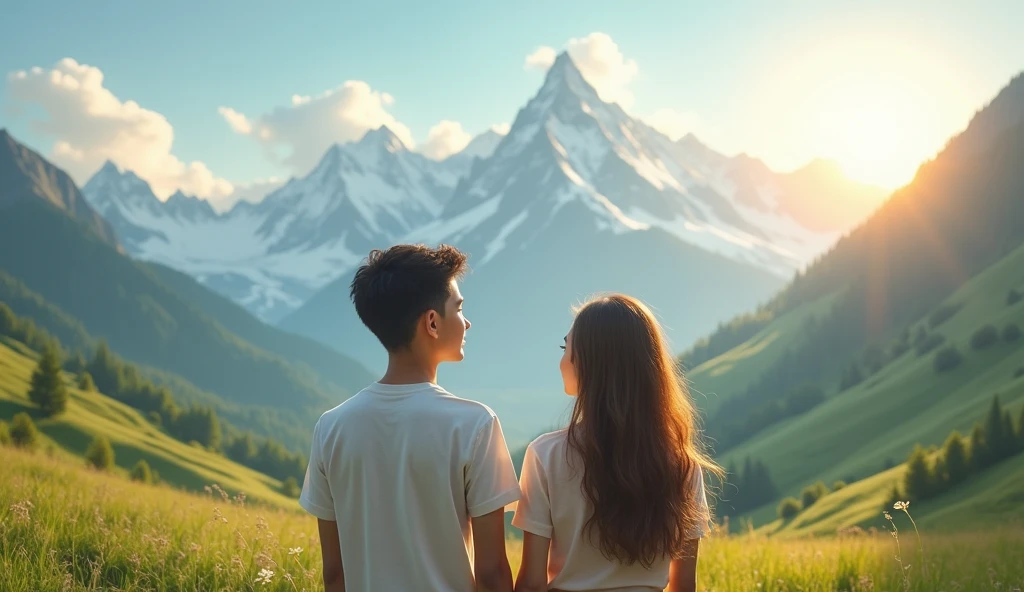 Make a young handsome boy and a young beautiful girl, both are happily looking at the mountain in front at a natural place. REVA KEEP THE BOY'S Shirt AND KIRTI KEEP THE GIRL'S Shirt