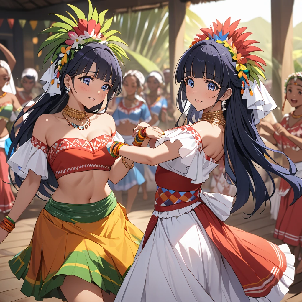 ((Highest quality)), ((masterpiece)), (detailed), （Perfect Face）、The woman is Reika Aoki with semi-long hair、A woman is dancing the Mauritian folk dance Sega dance in a costume of the Mauritian folk dance Sega dance in Mauritius, Africa