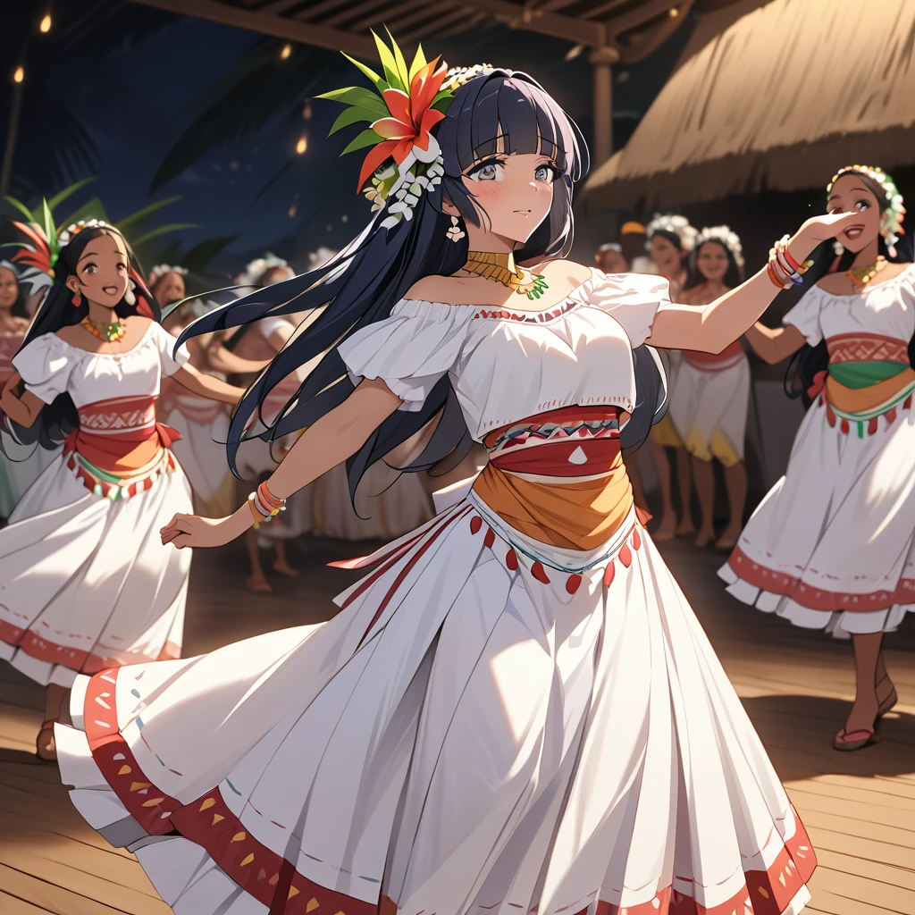 ((Highest quality)), ((masterpiece)), (detailed), (Perfect Face)、The woman is Reika Aoki with semi-long hair、A woman is dancing the Mauritian folk dance Sega dance in a costume of the Mauritian folk dance Sega dance in Mauritius, Africa