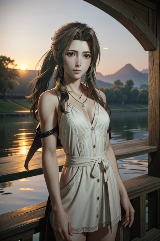 ((Super detailed, masterpiece, Highest quality)) FF7 Aerith,whole body，One person,  Single Blade, Green Eyes, Brown Hair,alone,Sunset riverside