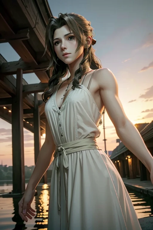 ((Super detailed, masterpiece, Highest quality)) FF7 Aerith,whole body，One person,  Single Blade, Green Eyes, Brown Hair,alone,Sunset riverside