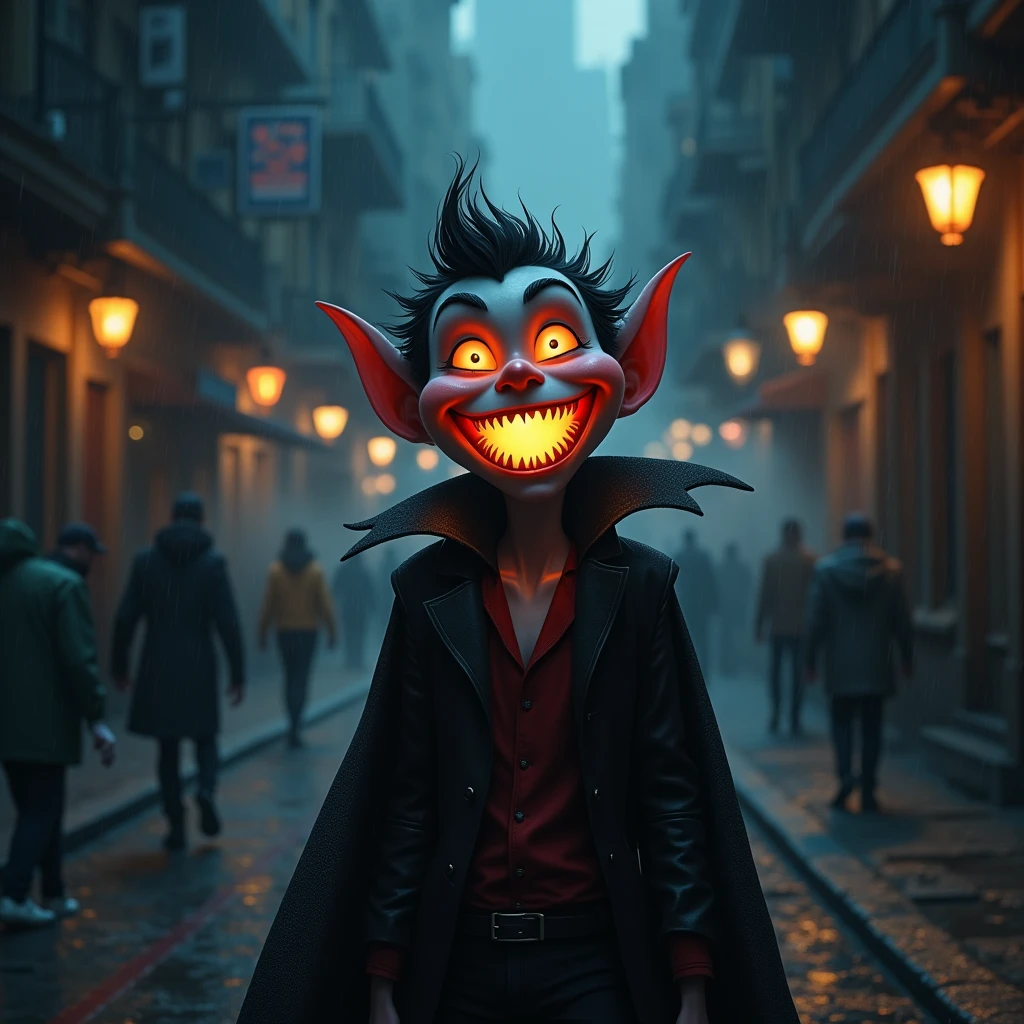 Draw an extremely happy vampire in a dark city