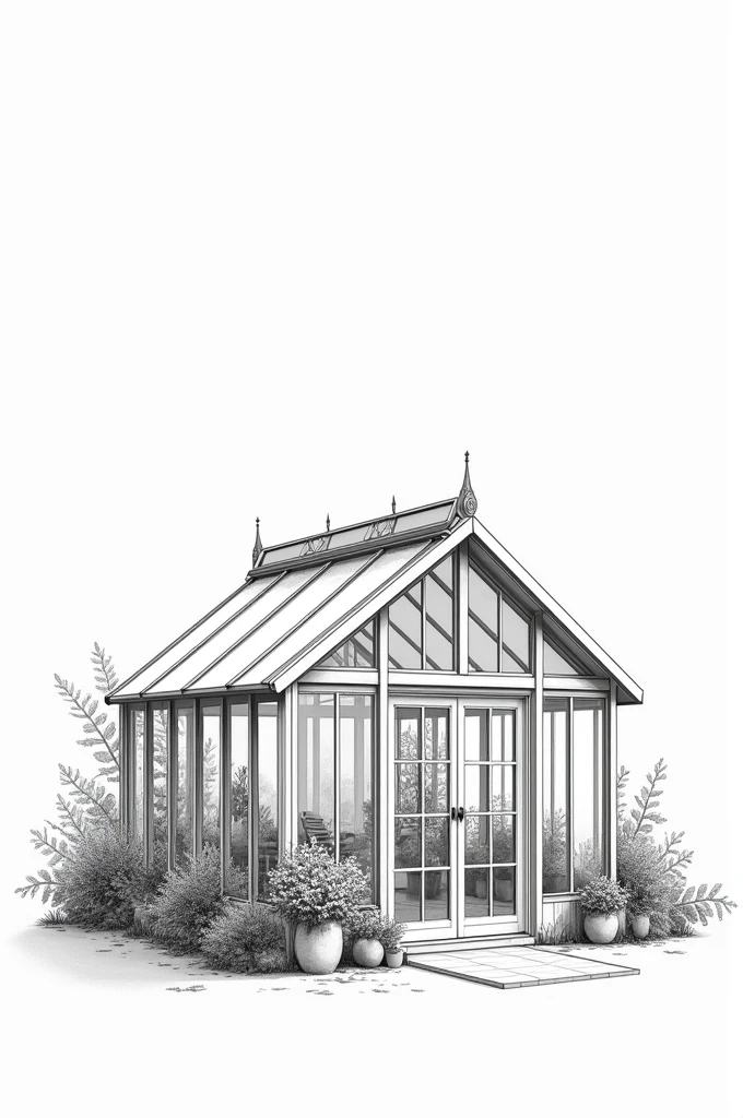 Drawing of a small greenhouse, home, to black and white