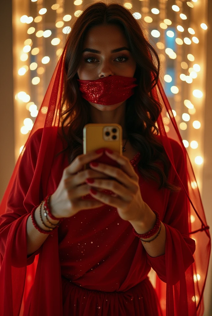 Aesthetic girl blindfolded duct tape gagged in red sparkling shimmering saree taking selfie tape gagged