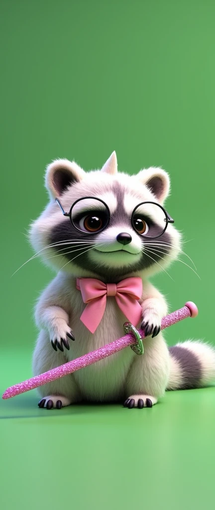 A captivating and whimsical 3D render of a fluffy  raccoon, transformed into an extraordinary white skull dinosaur costume. The costume features a long, exaggerated dino tail, large round glasses, a playful pink ribbon tied around the raccoon's neck, and a sparkling pink katana. The raccoon's face exudes excitement and anticipation, as it eagerly prepares for an exhilarating adventure. With a laid-back posture, the raccoon sits casually, exuding confidence. The simple green background accentuates the character's vibrant energy and provides a striking contrast, highlighting the raccoon's readiness to embark on the thrilling journey that awaits., photo, conceptual art, 3d render