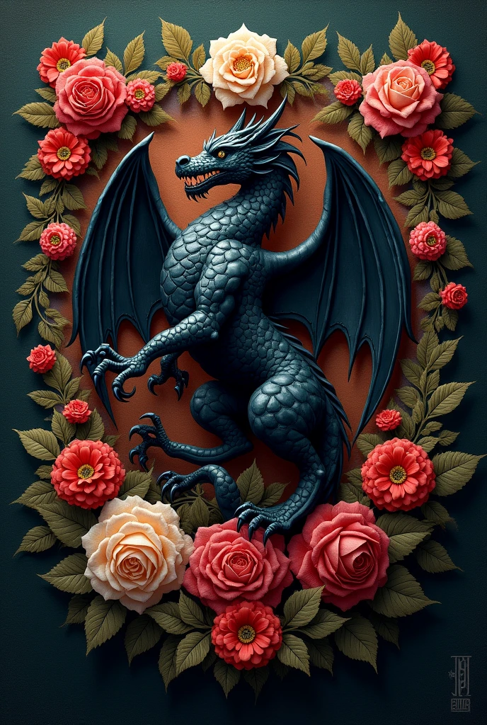 Black dragon coat of arms with flowers 

