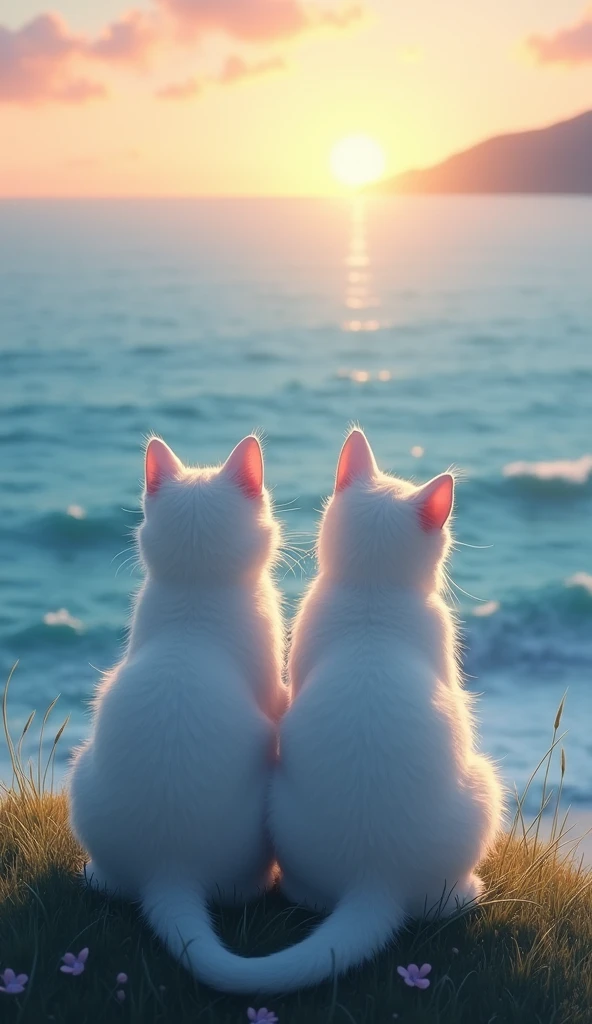A serene and peaceful scene of two white-furred cats with striking blue eyes, sitting side by side, gazing out at the vast, calm ocean. Their fur is soft and fluffy, subtly catching the warm light of the setting sun. The cats are close to each other, creating a sense of companionship and quiet reflection. They sit on a small grassy cliff overlooking the sea, with gentle waves lapping against the shore in the distance. The sky above them is painted in soft shades of orange and pink, blending harmoniously with the deep blue of the water, as the cats watch the horizon together in perfect tranquility.