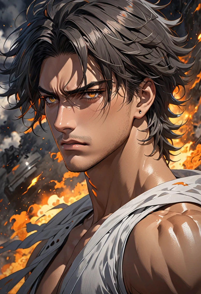 Protective, Loving, Tall, Lean, Muscular, Dark hair, Tousled, Steel-grey eyes, Amber eyes, Tanned, Piercing, Caring, Complex, Conflicted, Resurrected, Dark forces, Emotional depth, Intense, Hidden motives, Manipulative, Dynamic, Powerful, Guilt, Regret, Male, adult, In anime fantasy style, detailed character, masterpiece, best quality, very aesthetic