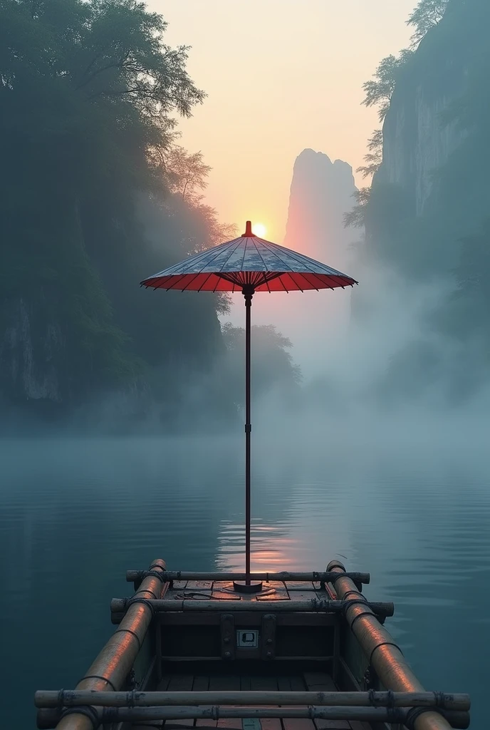 Misty,Sunset through the fog,First-person view shooting on bamboo raft,The lens is partially blocked by an umbrella,The outside of the umbrella looks like a Chinese landscape painting and also like a fairyland, as if there is Buddha's light.,Maximum resolution,All the details can be seen clearly,Cinematic color grading