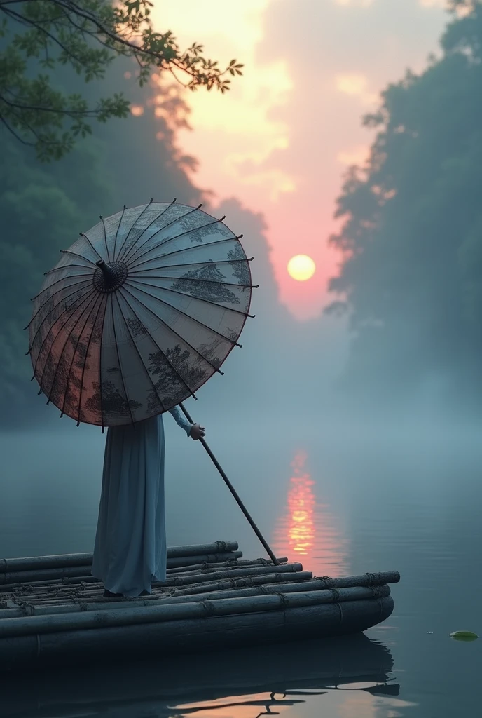 Misty,Sunset through the fog,First-person view shooting on bamboo raft,The lens is partially blocked by an umbrella,The outside of the umbrella looks like a Chinese landscape painting and also like a fairyland, as if there is Buddha's light.,Maximum resolution,All the details can be seen clearly,Cinematic color grading