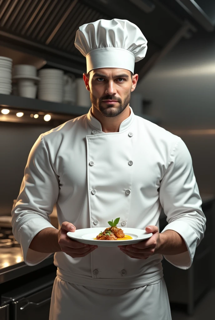 Black chef holding an empty plate 