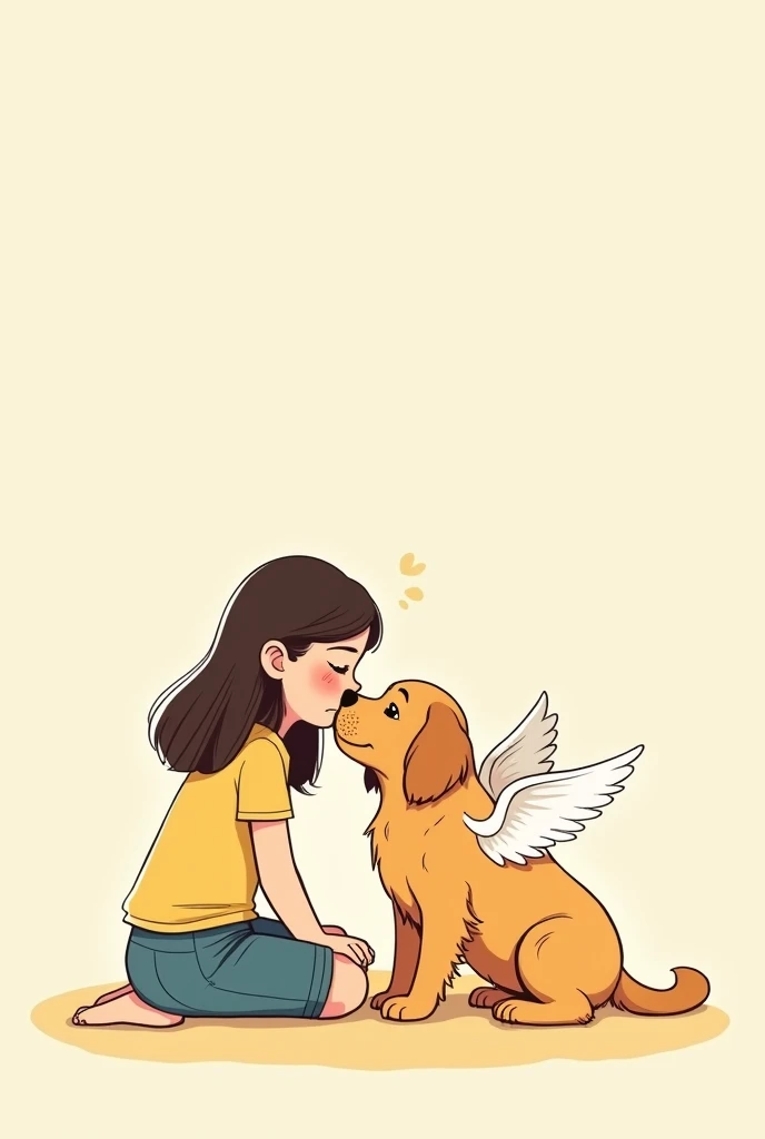 Simple line drawing、Cute illustrations、comics、Golden retriever character、kind表情、Angel wings on the back、The female owner was crying next to me.、A golden retriever comforts it、pastel colour、Limited color usage、Simple Background、Characters are placed in the center、For kids、kind、Peaceful、