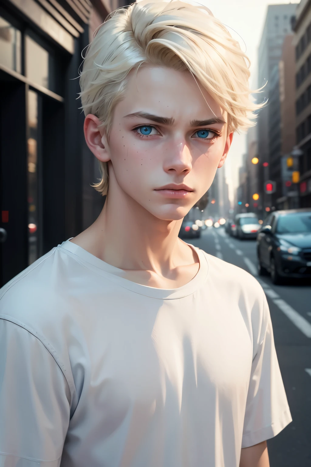 a 1 blonde American boy, young boy, detailed portrait, beautiful androgyne face, turquoise eyes, not smiling, full white t-shirt and blue jeans outfit, stylish outfit, realistic, photorealistic, 8k, masterpiece, cinematic lighting, new york streets, doesn't look friendly, high quality