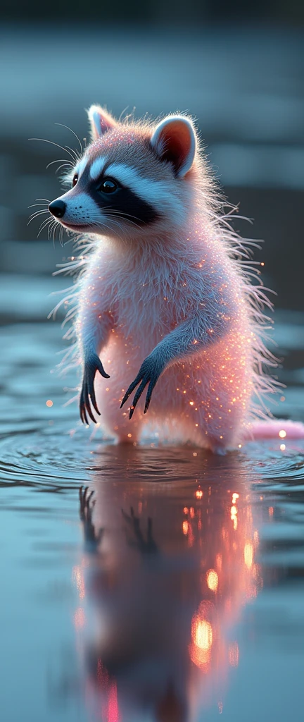 Title: "Petronymphic Prism"

From the ever-shifting interference patterns shimmering across a shallow tidal pool's surface, an iridescent cute extra fluffy baby realistic raccoon shape coalesces - ethereal body continuously reforming wherever the nanoscopic variations in the oil slick's film produce additive and subtractive spectral overlaps.
seems sculpted from the liquid medium itself, graceful contours and undulating curves manifesting through the mesmerizing interplay of refracted lightwaves upon lightwaves. Turquoise tinges blend into lavenders and crimsons, delineating the faint musculature of back as if comprised of an opalescent organza membrane.
With the faintest perturbation, entire portions of anatomy deconstruct into sheared off sheets of structural color, only to recrystallize from the turbulent flow's new interference patterning. At times torso twists into a transcendent Mobius spiral of chroma, fractured facets aligning and kaleidoscoping into new lucent alignments.
Even facial features are mirage-like, continuously displacing into new anthropomorphic composites - eyes, lips and brows translocating fluidly as the liquid medium's depth profile undulates. One moment haunting aspects, the next abstracted into pure geometries of clashing wavefronts.
Down the length of one willowy arm spelled in glistening hieroglyphs, the signature: "Distortion Master" shimmers in refractive subsurface inscriptions - illuminated from within by the coherent rays painting fluctional form into material existence.
is the emissary from a dimension where light, life and liquid are one recycling continuum - an endless dynamism of which any solidified expression is but a transitory alignment in an interminable ocean of chroma and flow., photo, 3d render, conceptual art
