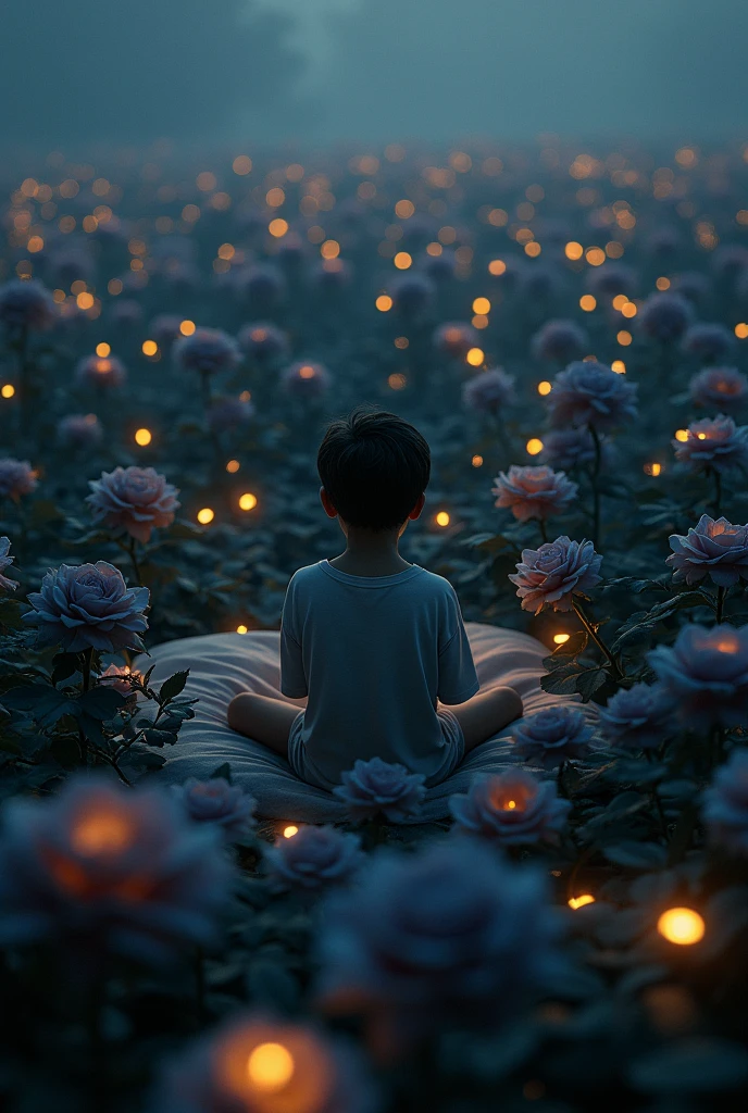 A boy sitting on a bed sailing in a sea of black roses full of fireflies
