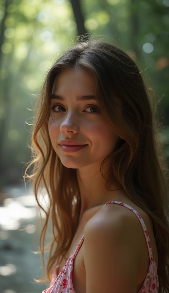 "A slightly grainy and somewhat out-of-focus photo taken with an old smartphone. The image captures a candid moment of a young woman, around 20 years old, standing near a misty forest stream in the early morning light. She has light brown, slightly wavy long hair that falls naturally over her shoulders. She's wearing short, pajama-like underclothing that appears comfortable and casual, indicative of a spontaneous moment rather than a staged shoot.
In the softly mismatched lighting, which casts gentle shadows, her delicate and fair facial features are lit from the side, showing rosy cheeks akin to an embarrassed expression. She gazes forward with a shy yet captivating look that conveys a mixture of innocence and curiosity. Her symmetrical face, with full, rosy lips hinting at a sweet smile, harmoniously blends the ethereal aura of fairytale elements with genuine beauty marked by cultural blends of French, Russian, and Brazilian influences.
The slightly cluttered background includes mismatched items around the stream, enhancing the photo's authentic and homey feel. The whimsical scene is subtle yet present, with occasional bright neon lights adding an unexpected but charming vibrancy to the ethereal atmosphere. The entire setup feels natural and unposed, with the photo's amateurish quality—softer focus, mild digital noise, and imperfections like a gentle blur—eloquently capturing the realism and endearing authenticity of everyday life