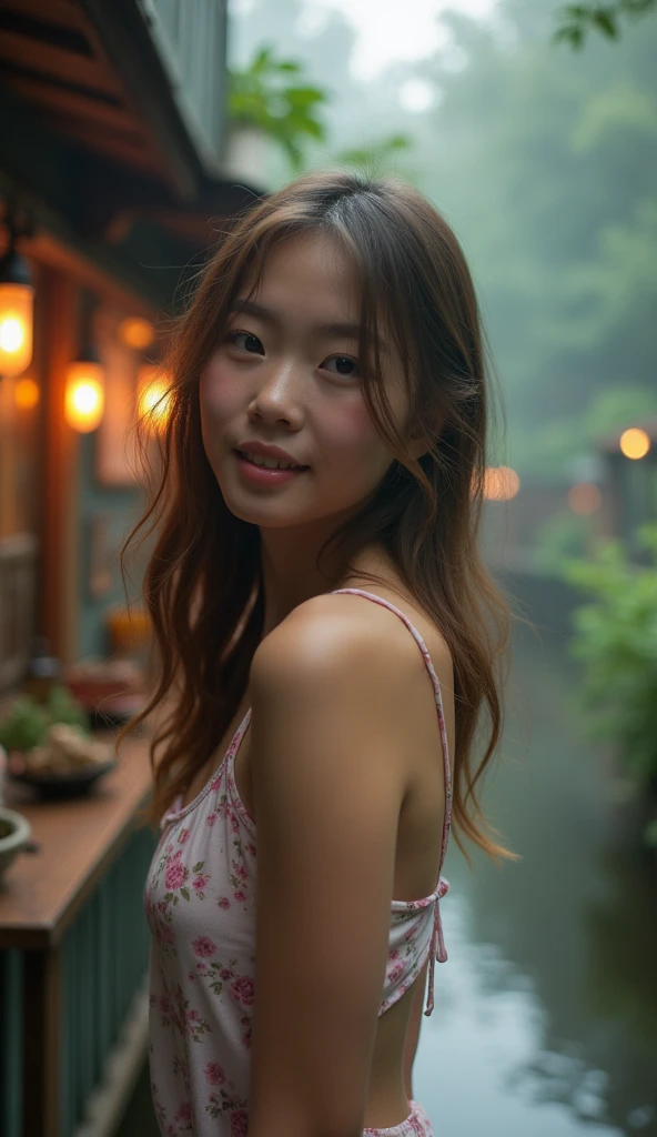 "A slightly grainy and somewhat out-of-focus photo taken with an old smartphone. The image captures a candid moment of a young woman, around 20 years old, standing near a misty forest stream in the early morning light. She has light brown, slightly wavy long hair that falls naturally over her shoulders. She's wearing short, pajama-like underclothing that appears comfortable and casual, indicative of a spontaneous moment rather than a staged shoot.
In the softly mismatched lighting, which casts gentle shadows, her delicate and fair facial features are lit from the side, showing rosy cheeks akin to an embarrassed expression. She gazes forward with a shy yet captivating look that conveys a mixture of innocence and curiosity. Her symmetrical face, with full, rosy lips hinting at a sweet smile, harmoniously blends the ethereal aura of fairytale elements with genuine beauty marked by cultural blends of French, Russian, and Brazilian influences.
The slightly cluttered background includes mismatched items around the stream, enhancing the photo's authentic and homey feel. The whimsical scene is subtle yet present, with occasional bright neon lights adding an unexpected but charming vibrancy to the ethereal atmosphere. The entire setup feels natural and unposed, with the photo's amateurish quality—softer focus, mild digital noise, and imperfections like a gentle blur—eloquently capturing the realism and endearing authenticity of everyday life