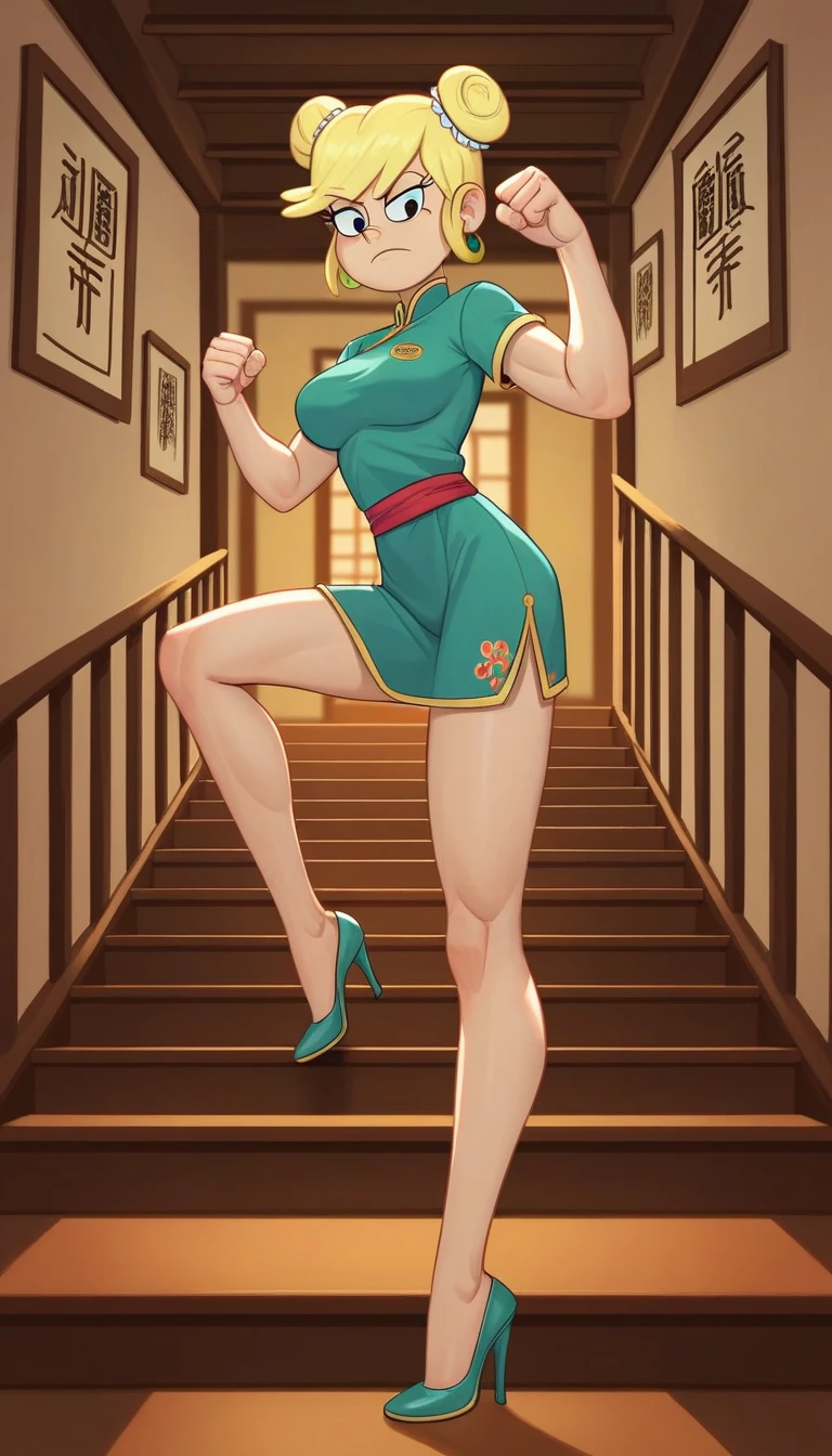 leni loud, 1girl, solo, 24yo girl, large breasts, green cheongsam,  inside of a chinese temple, dojo, looking at viewer, blonde hair, two hair buns , hands  score_9, score_8_up, score_7_up, high heels, teep fighting stance,martial arts, stairs behind her, guarding the stairs, a door behind the stair, chinese writings on the wall