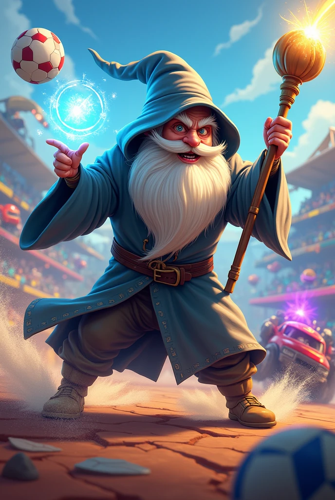 Wizard playing ball, com carros de Rocket league,in cartoon style .