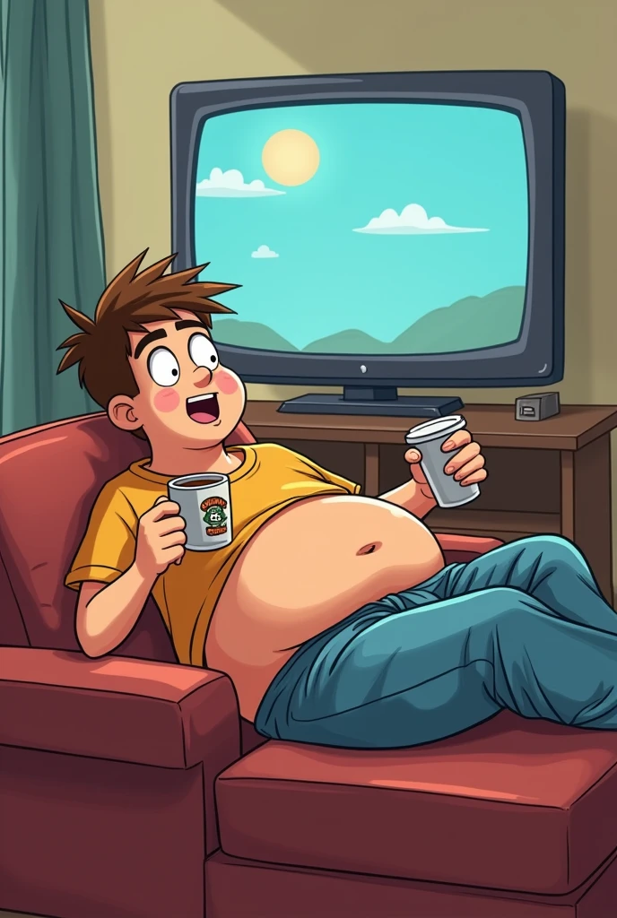Use a humorous image of a teenage boy with a big belly lying on the couch, in his pajamas, with a cup of coffee, watching TV, with a caption written on the screen "I forgot it was his birthday... again!"