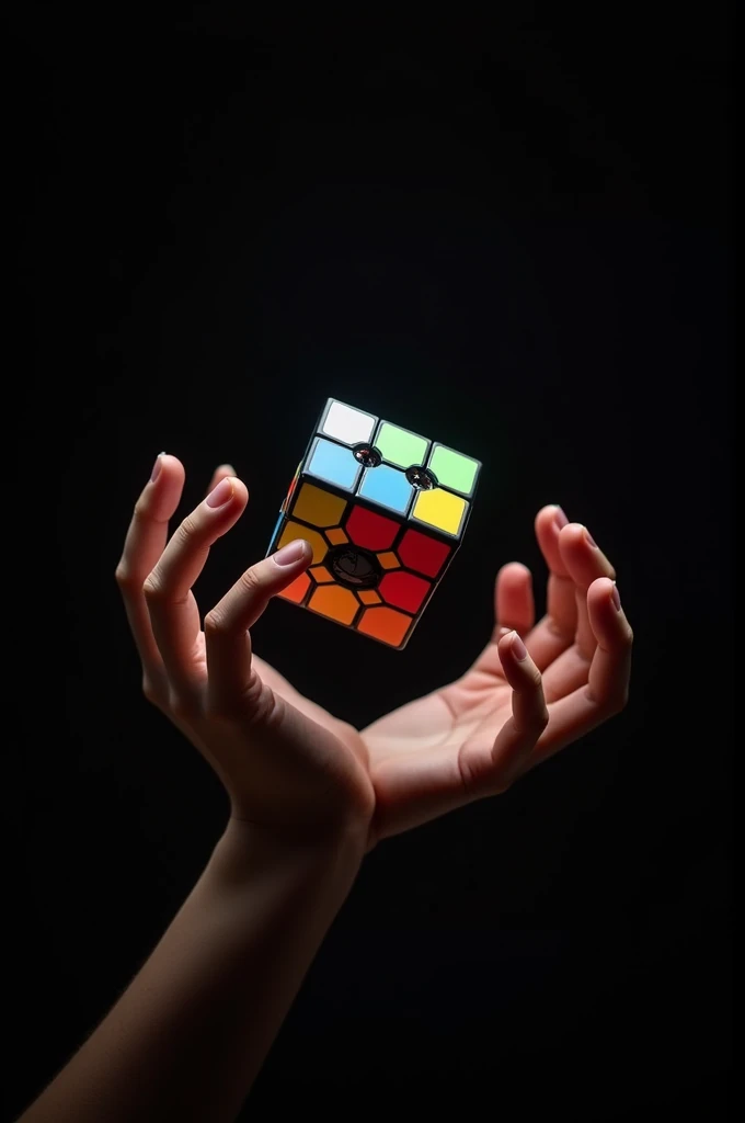 A beautiful hands playing puzzle cube in air with black background