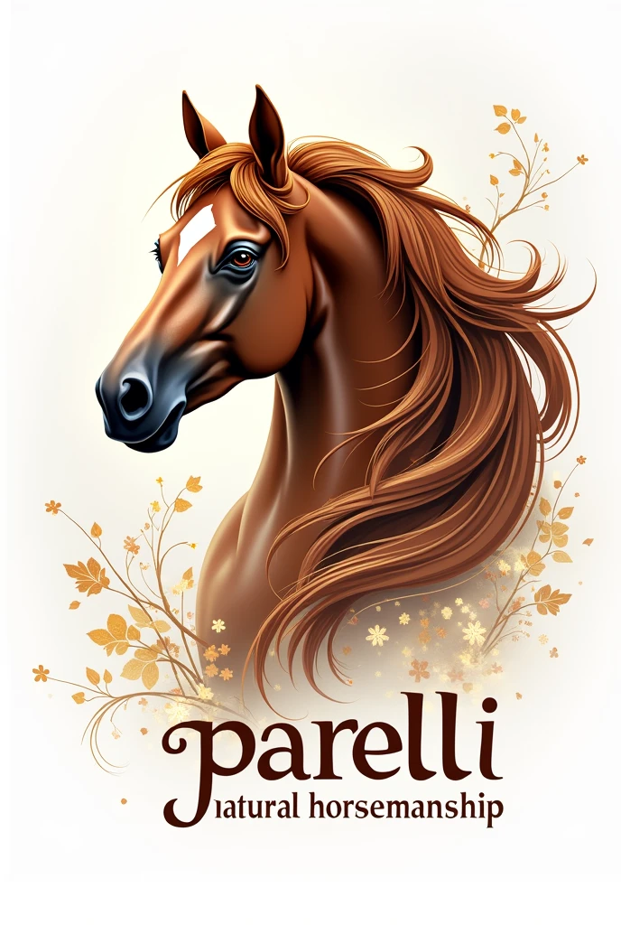 Create a stunning and luxurious logo featuring a beautifully detailed horse head with a flowing, elegant mane. The horse head should be depicted in a dynamic and graceful pose, with expressive eyes and finely detailed features to convey a sense of intelligence and natural beauty. Use a rich and vibrant color palette, including deep golds, warm browns, and shimmering silvers, to give the logo a sophisticated and eye-catching look. Surround the horse head with delicate, ornate accents such as subtle swirls, floral elements, or sparkles to add an extra layer of elegance and luxury. Incorporate the text "Parelli Natural Horsemanship" in an elegant, flowing script or serif font that complements the design's grandeur and sophistication. The overall style should be a perfect blend of elegance, natural beauty, and vibrant color, making the logo look both professional and captivating. Ensure the background is transparent to allow for versatile use on different surfaces.