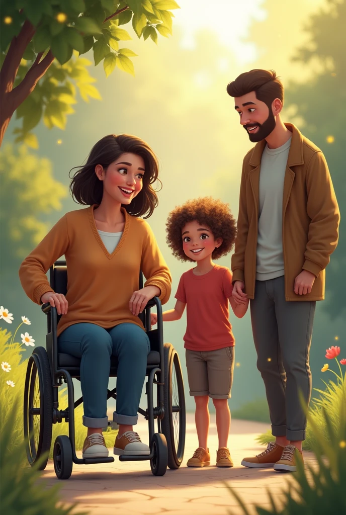 A woman in a wheelchair, with a  girl by his side, a couple on the side and a lady next to it
