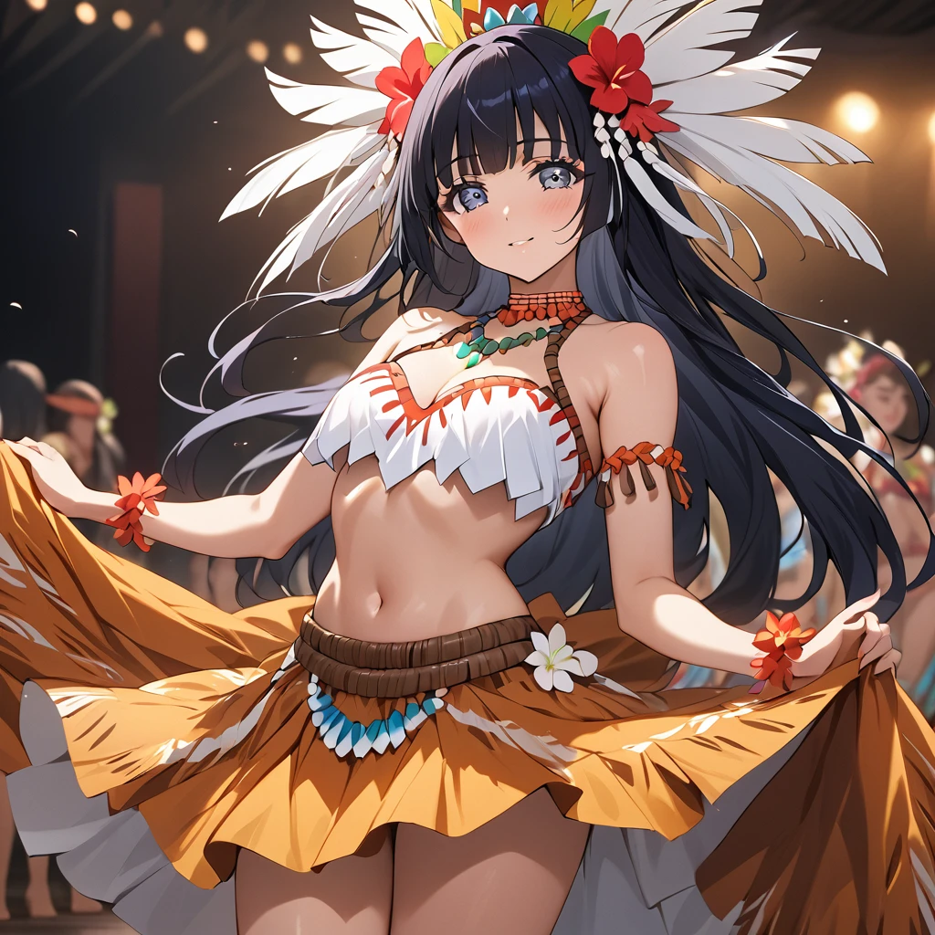 ((Highest quality)), ((masterpiece)), (detailed), (Perfect Face)、The woman is Reika Aoki with semi-long hair、The woman is wearing a Tahitian dance costume and dancing the Tahitian dance Toere.