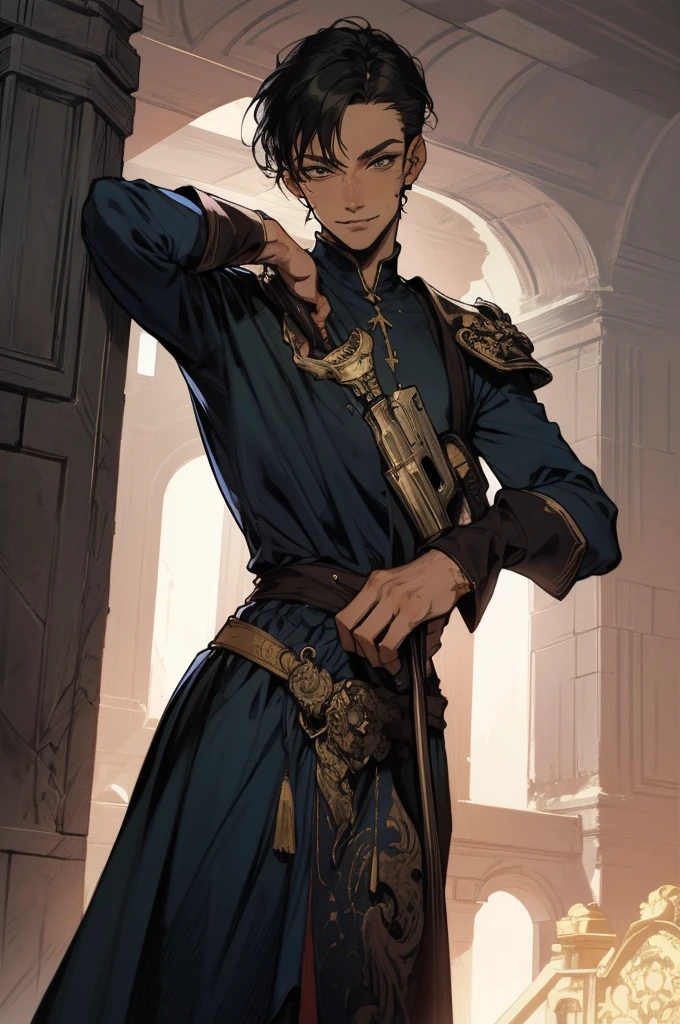 (absurdities, High Resolutions, ultra detailed, HdR), masterpiece, The best quality, final fantasy xvi, clive rosfield, 1man only, handsome, short hair, black hair, vibrant blue eyes, fine eyes and detailed face, armor, ((Intricate weapon)), Sitting on the throne, open legs, affected smile, annoying.