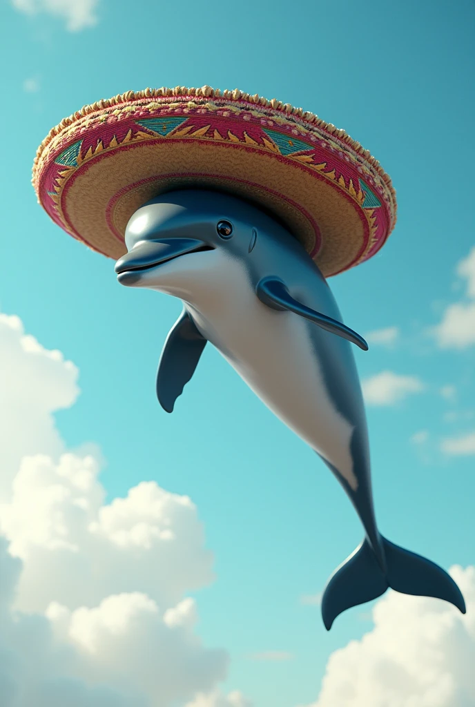 An aerial fried dolphin with a mariachi sombrero