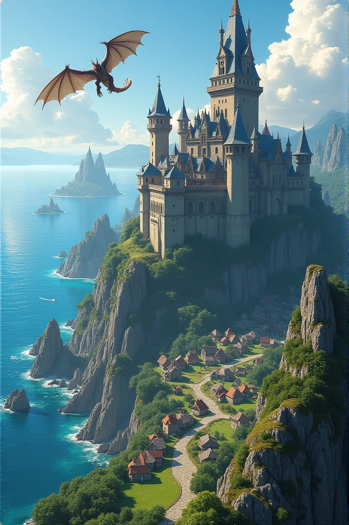 A castle with dragons, next to an archipelago, on the edge of a village
