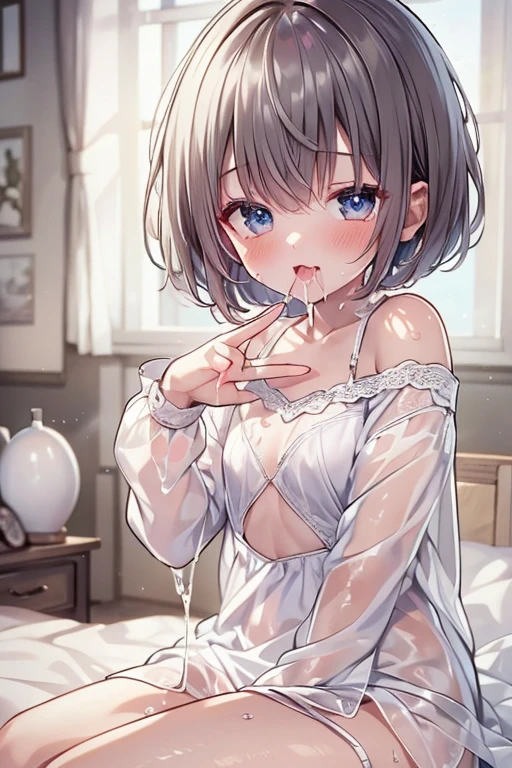 ((Highest quality)), ((masterpiece)), (detailed), A large amount:1.2),extremely detailed cute anime face, (((Flat Chest))), (Flat Chest:1.1),((((Short Bob Hair)))),Complex eyes,beautiful detailed eyes,Symmetrical eyes,(((detailed face))),beautiful detailed lips, If you look at this, (((Embarrassing))),(emotional expression),(My heart is pounding with anticipation.), A translucent white dress reveals her skin、String panties,One hand in front of mouth making a blowjob gesture,Filling condoms,Sitting on the bed,White liquid spills from mouth,White liquid dripping from hands,Ultra Wide Angle