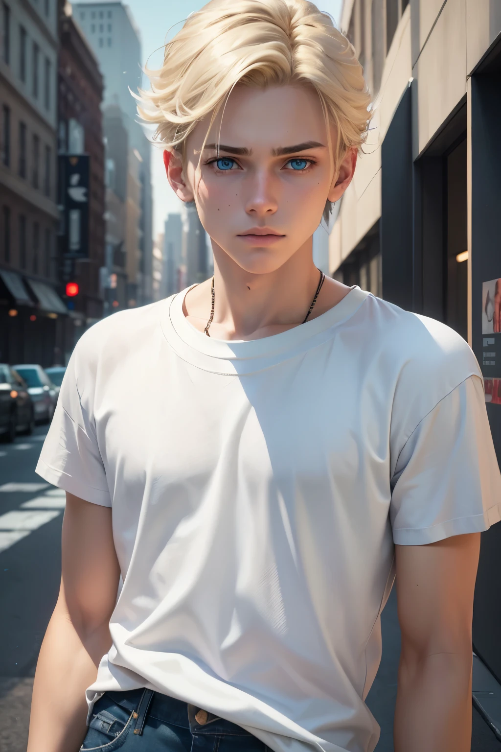 a 1 blonde American boy, young boy, detailed portrait, beautiful androgyne face, turquoise eyes, not smiling, full white t-shirt and blue jeans outfit, stylish outfit, realistic, photorealistic, 8k, masterpiece, cinematic lighting, new york streets, doesn't look friendly, high quality