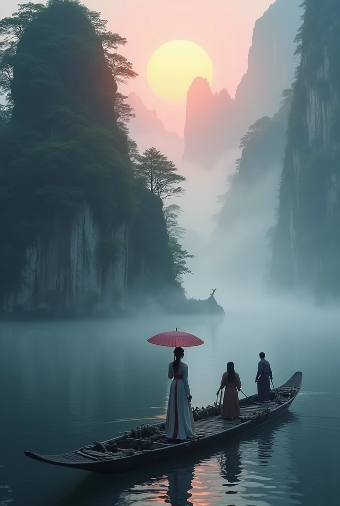 Misty,Sunset through the fog,Aerial view of 92 degree angle shot of bamboo raft,There are two people on the raft. A woman in Chinese Hanfu is standing in front holding an umbrella. There is a boatman behind the raft driving the boat.,The boat sails towards the sun,There are stone cliffs on both sides,Like a Chinese landscape painting, like a fairyland, like the mountains of Zhangjiajie,Maximum resolution,All the details can be seen clearly,Cinematic color grading