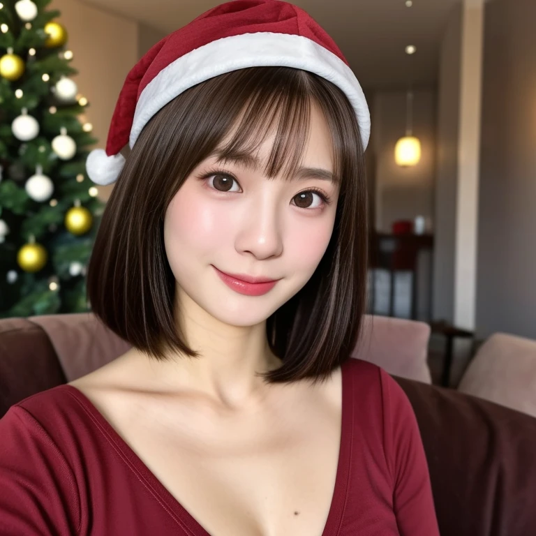 (kawaii 24 year-old Japanese girl, Nogizaka idol, Korean idol), healthy female athlete body, (glossy brown hair, short hair, pixie cut, bangs:1.3), (rounded face, beautiful black eyes, single eyelid, no makeup:1.2), (looking at viewer, soft smiling), (wearing Santa's hat, Santa's costume:1.3), perfect shaped extra small breasts, BREAK, (living room in the lodge background, christmas tree on back:1.2), (dynamic angle, bust shot:1.3), BREAK, (masterpiece, best quality, photo realistic, official art:1.4), (UHD, 8K quality wallpaper, high resolution, raw photo, golden ratio:1.3), (shiny skin), professional lighting, physically based rendering, award winning, (highly detailed skin, extremely detailed face and eyes, anatomically correct), Carl Zeiss 85 mm F/1.4, depth of field, 1girl, solo,