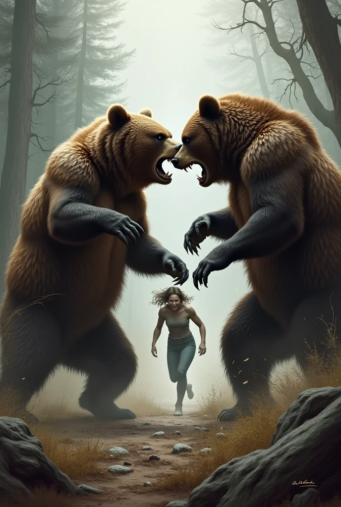 bears fighting and crying woman running away realistic drawing