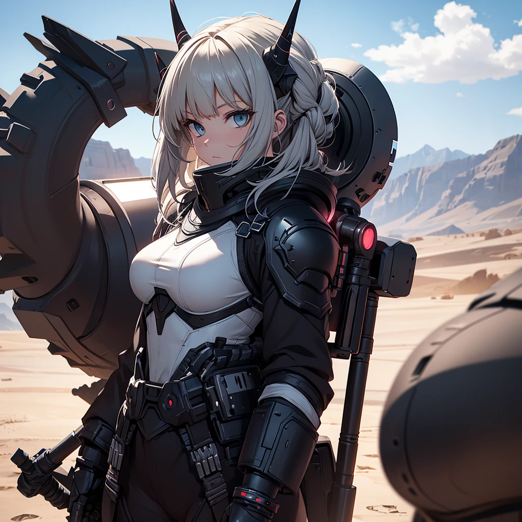 Make a character. alone. She must have black futuristic armor. In addition to having technological horns. It should be in a desert setting.